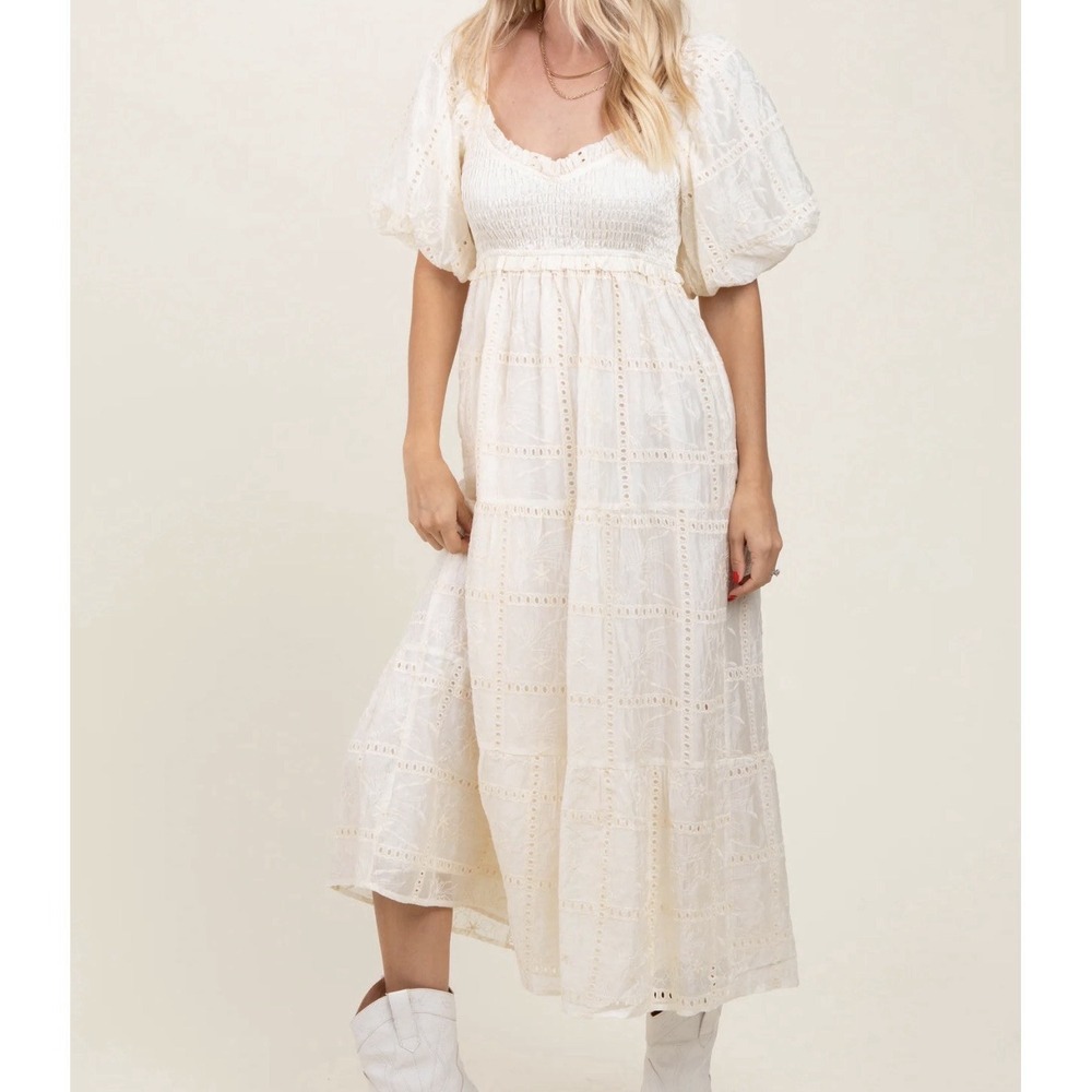 Women Maxi Dress Ivory Smocked Puff Sleeve Large Eyelet Milkmaid Romantic Fairy